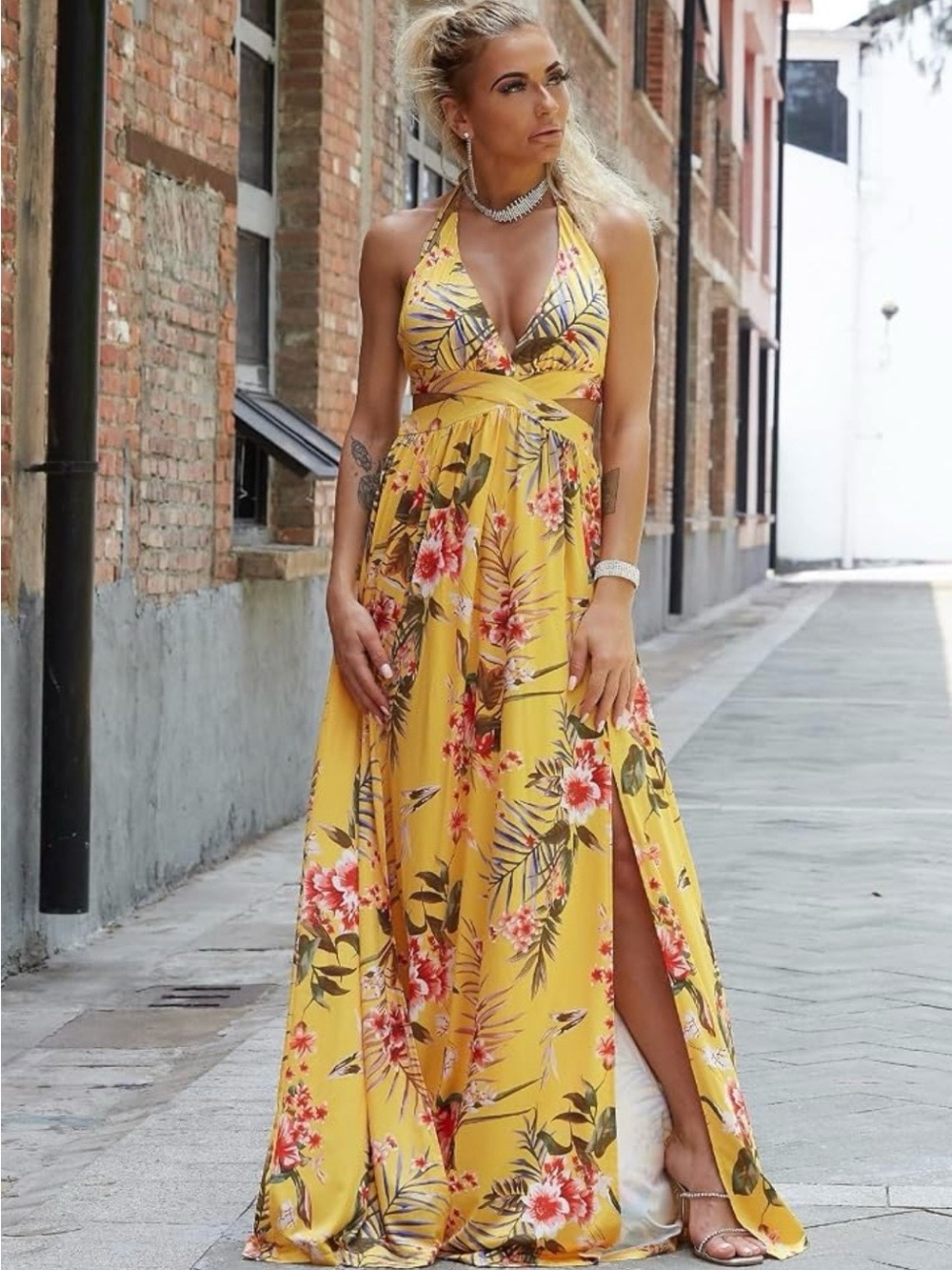 Yellow Floral Halter Maxi Dress with Side Slit